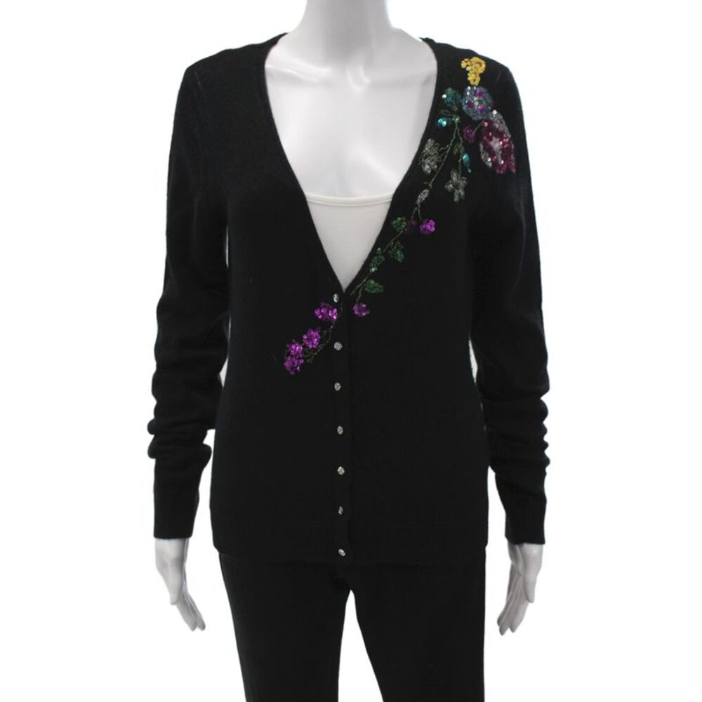 Charlotte Womens Black Floral V-Neck Long Sleeve Cashmere Cardigan Size XL